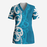 Azure Blue Maori Scrub Top Koru Kowhaiwhai - Polynesian Pride