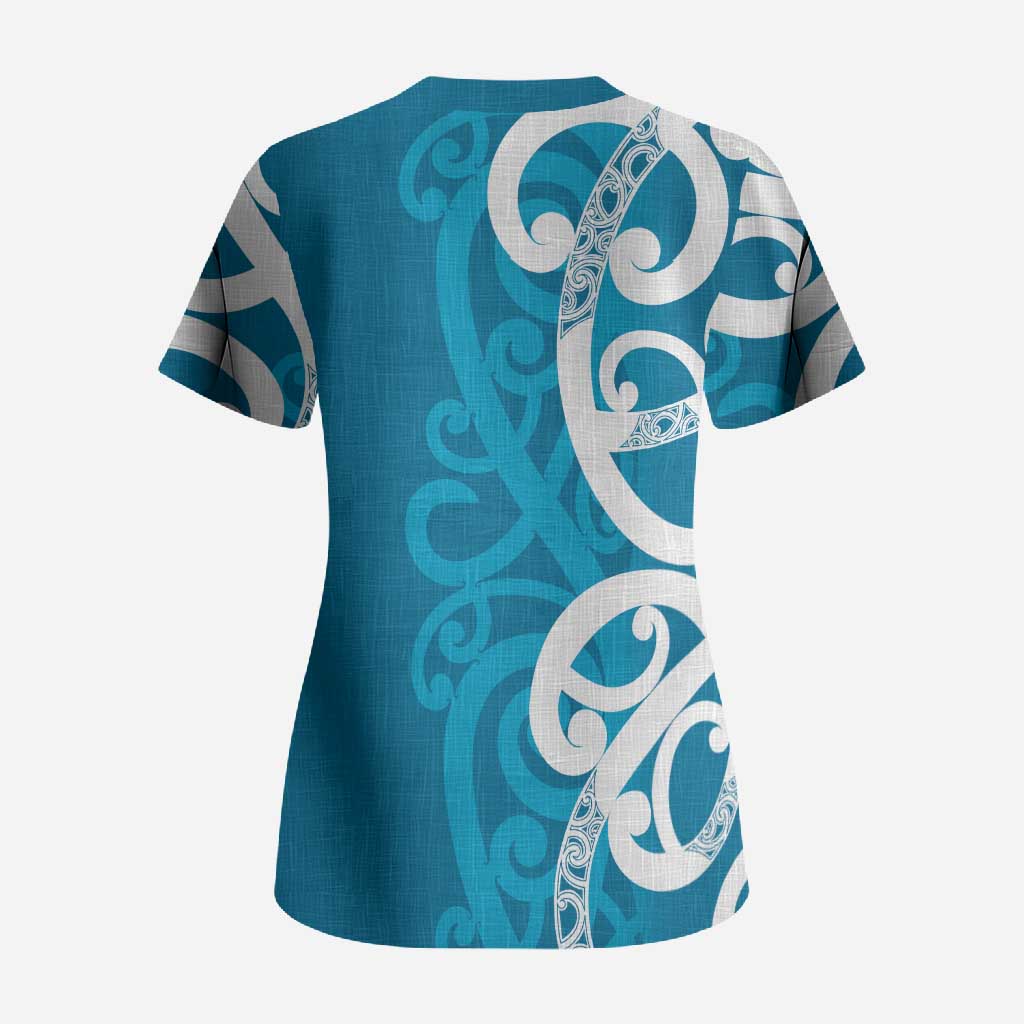 Azure Blue Maori Scrub Top Koru Kowhaiwhai - Polynesian Pride