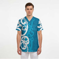 Azure Blue Maori Scrub Top Koru Kowhaiwhai - Polynesian Pride