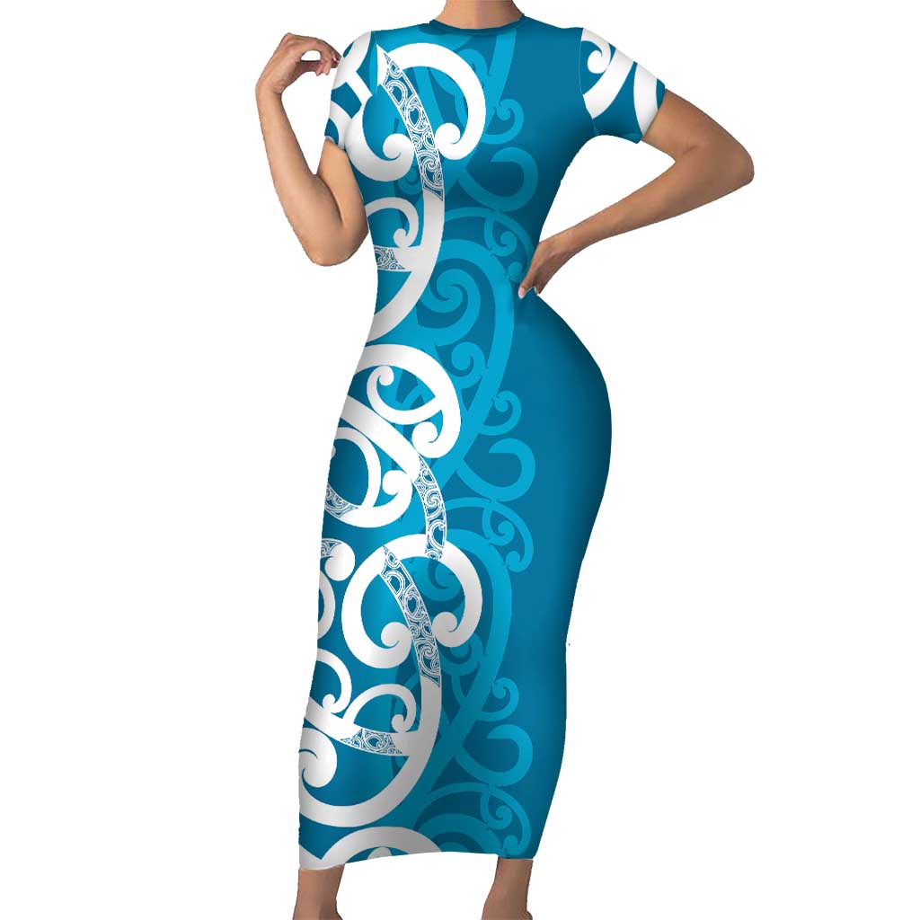 Azure Blue Maori Short Sleeve Bodycon Dress Koru Kowhaiwhai LT7 Long Dress Blue - Polynesian Pride
