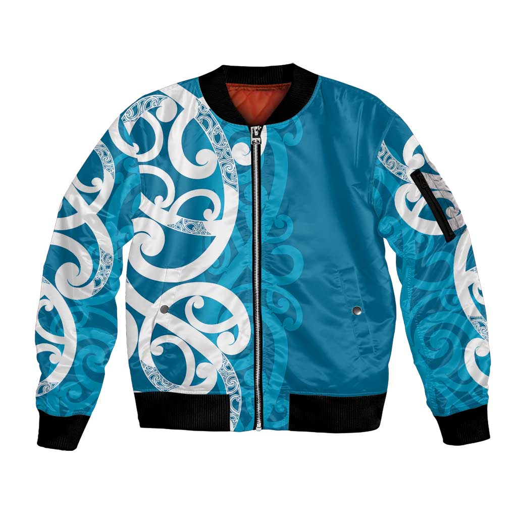 Azure Blue Maori Sleeve Zip Bomber Jacket Koru Kowhaiwhai LT7 Unisex Blue - Polynesian Pride