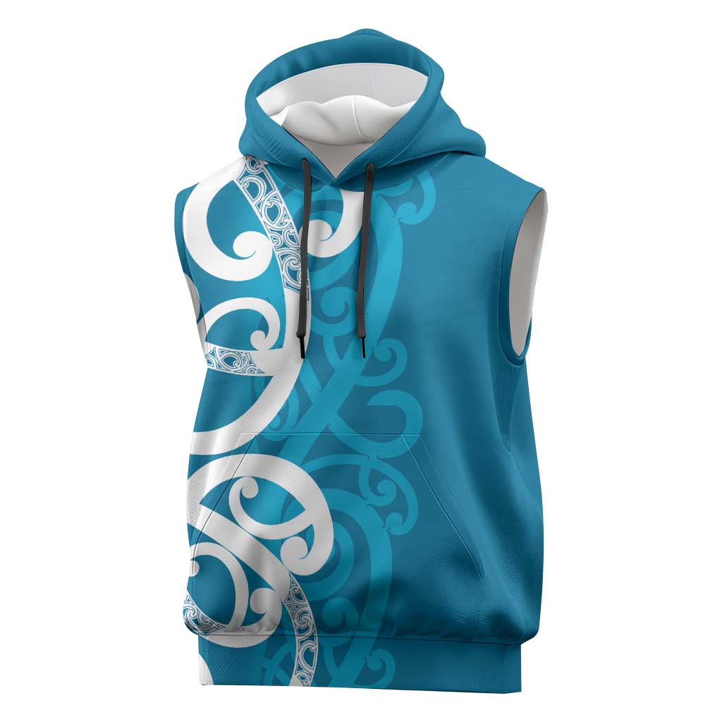 Azure Blue Maori Sleeveless Hoodie Koru Kowhaiwhai LT7 Blue - Polynesian Pride