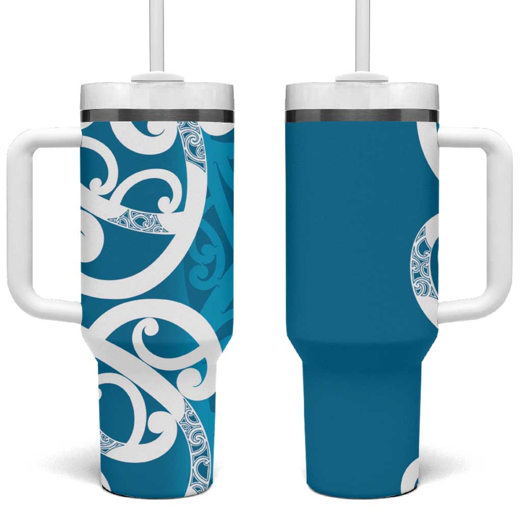 Azure Blue Maori Tumbler With Handle Koru Kowhaiwhai LT7 One Size: 40 oz Blue - Polynesian Pride