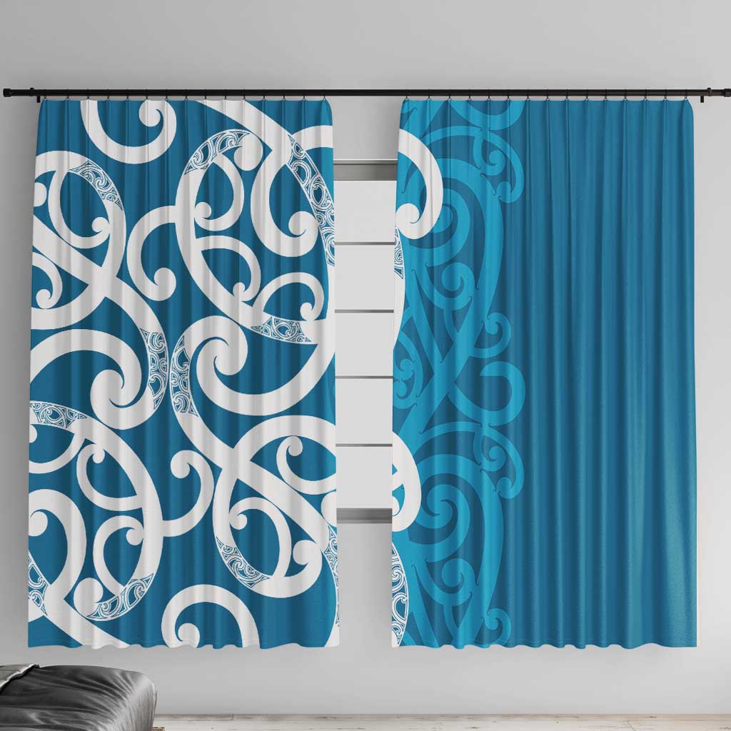 Azure Blue Maori Window Curtain Koru Kowhaiwhai LT7 With Hooks Blue - Polynesian Pride