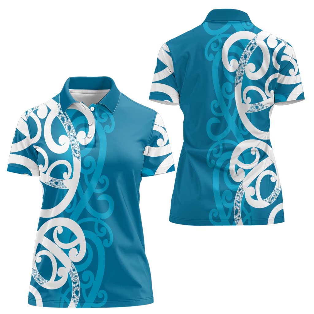 Azure Blue Maori Women Polo Shirt Koru Kowhaiwhai - Polynesian Pride