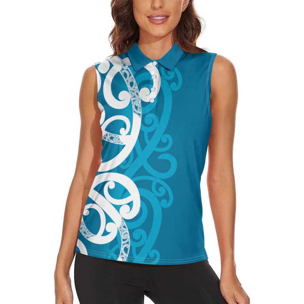 Azure Blue Maori Women Sleeveless Polo Shirt Koru Kowhaiwhai - Polynesian Pride