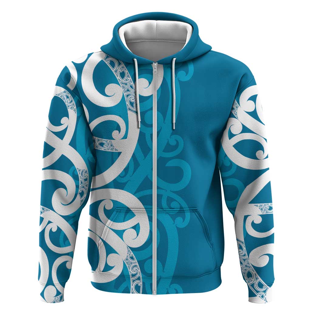 Azure Blue Maori Zip Hoodie Koru Kowhaiwhai - Polynesian Pride