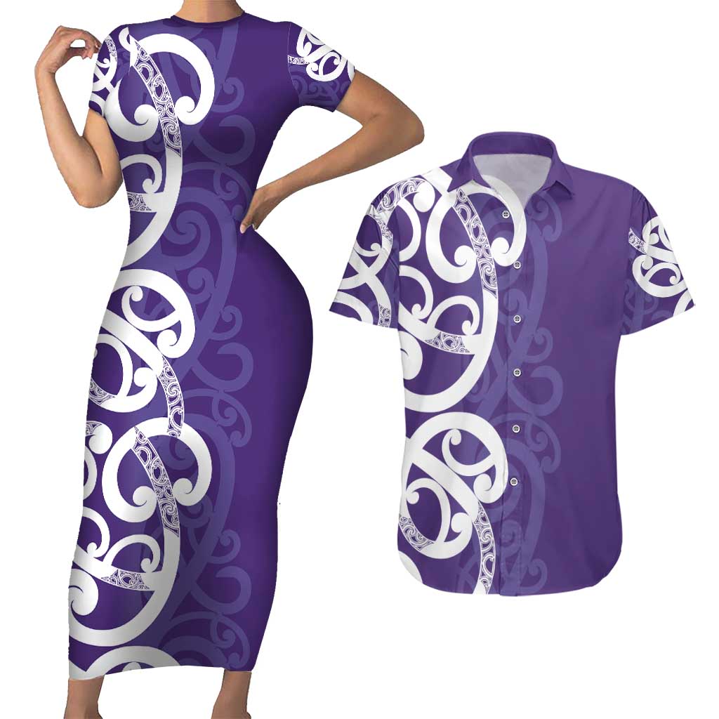 Violet Green Maori Couples Matching Short Sleeve Bodycon Dress and Hawaiian Shirt Koru Kowhaiwhai - Polynesian Pride