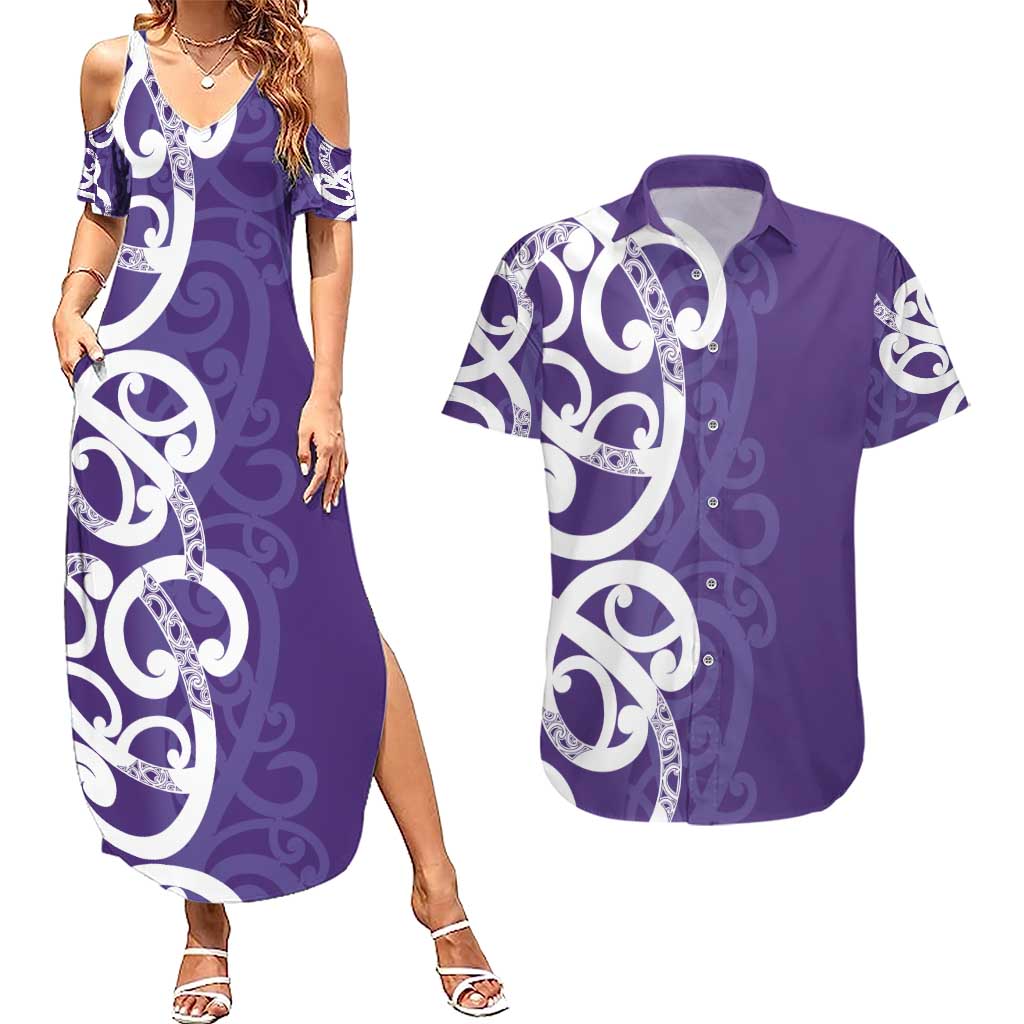 Violet Green Maori Couples Matching Summer Maxi Dress and Hawaiian Shirt Koru Kowhaiwhai - Polynesian Pride