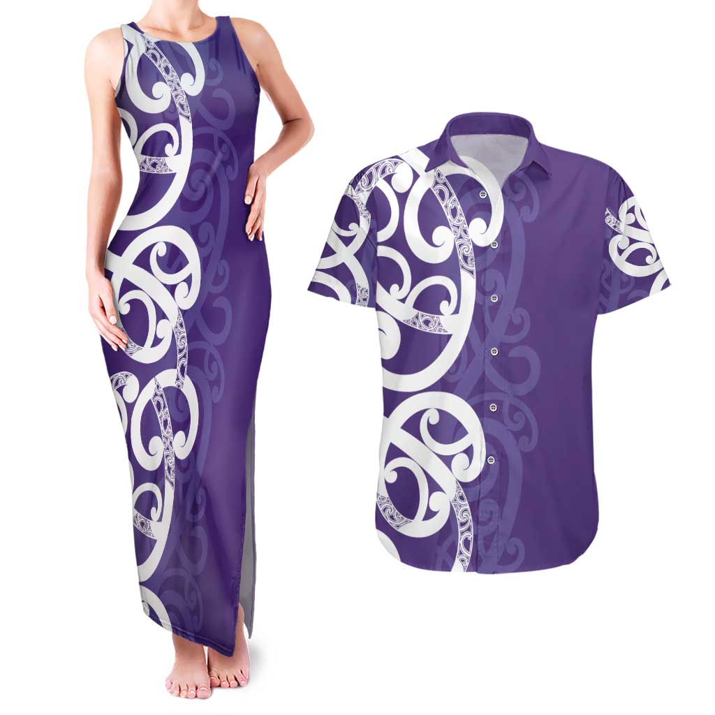 Violet Green Maori Couples Matching Tank Maxi Dress and Hawaiian Shirt Koru Kowhaiwhai - Polynesian Pride