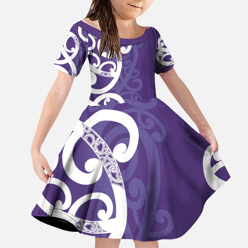 Violet Green Maori Family Matching Tank Maxi Dress and Hawaiian Shirt Koru Kowhaiwhai LT7 Daughter's Dress Violet - Polynesian Pride