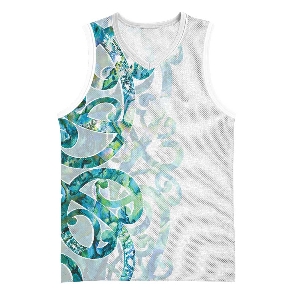 Paua Shell Maori Basketball Jersey Koru Kowhaiwhai LT7 Unisex White - Polynesian Pride
