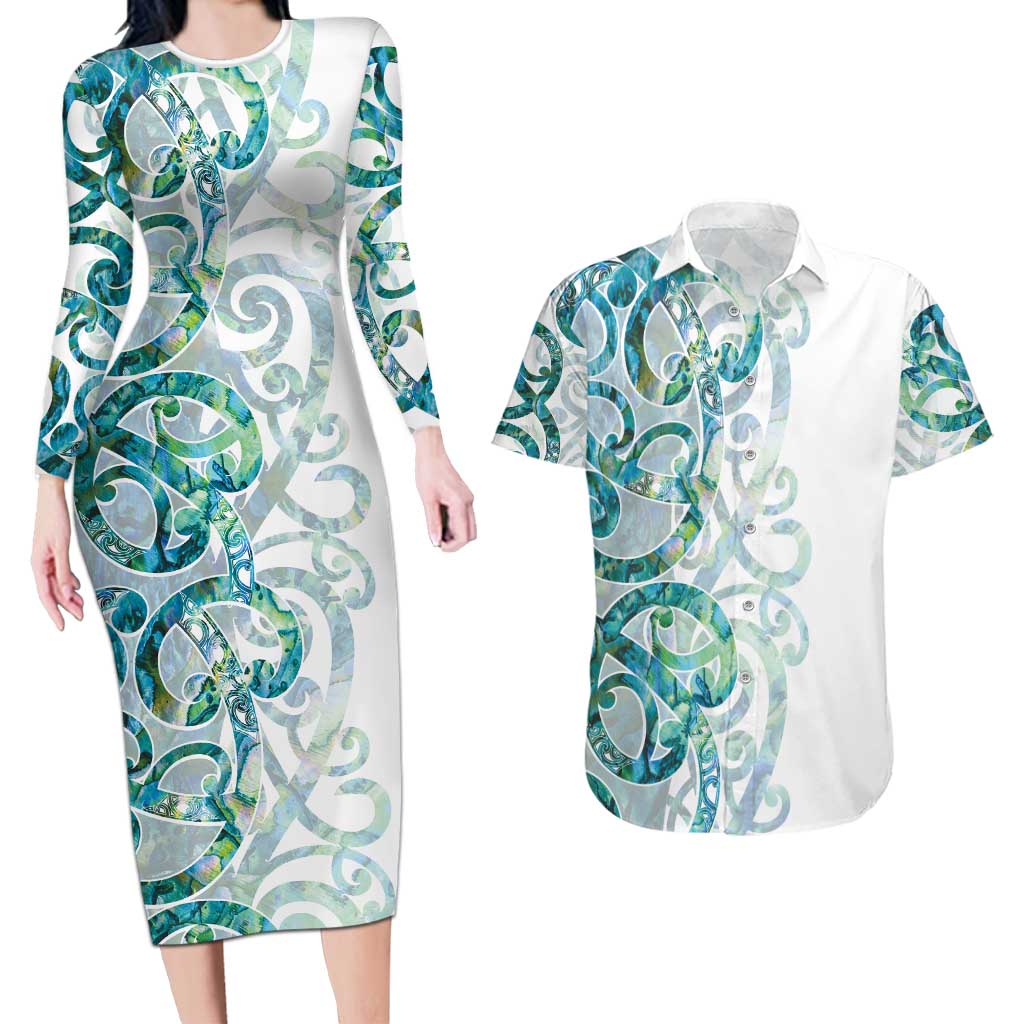 Paua Shell Maori Couples Matching Long Sleeve Bodycon Dress and Hawaiian Shirt Koru Kowhaiwhai LT7 White - Polynesian Pride