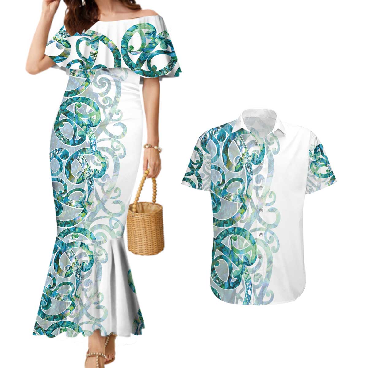 Paua Shell Maori Couples Matching Mermaid Dress and Hawaiian Shirt Koru Kowhaiwhai - Polynesian Pride