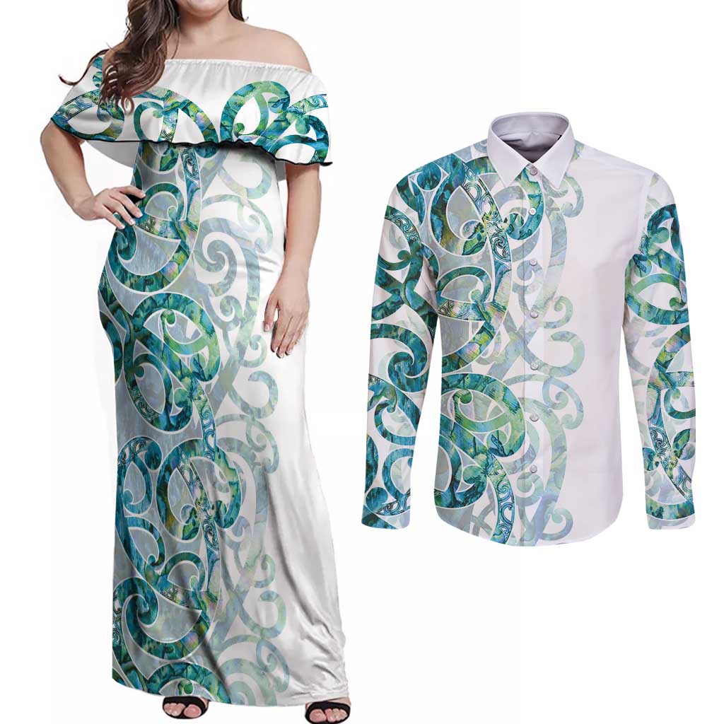 Paua Shell Maori Couples Matching Off Shoulder Maxi Dress and Long Sleeve Button Shirt Koru Kowhaiwhai LT7 White - Polynesian Pride