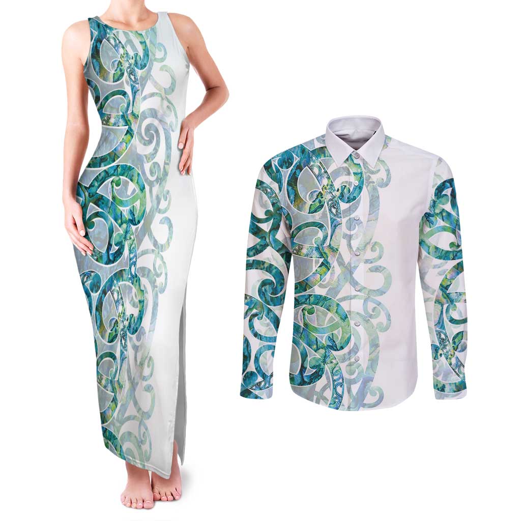 Paua Shell Maori Couples Matching Tank Maxi Dress and Long Sleeve Button Shirt Koru Kowhaiwhai LT7 White - Polynesian Pride