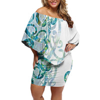 Paua Shell Maori Family Matching Off Shoulder Short Dress and Hawaiian Shirt Koru Kowhaiwhai LT7 Mom's Dress White - Polynesian Pride