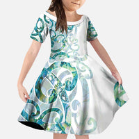 Paua Shell Maori Family Matching Short Sleeve Bodycon Dress and Hawaiian Shirt Koru Kowhaiwhai LT7 Daughter's Dress White - Polynesian Pride