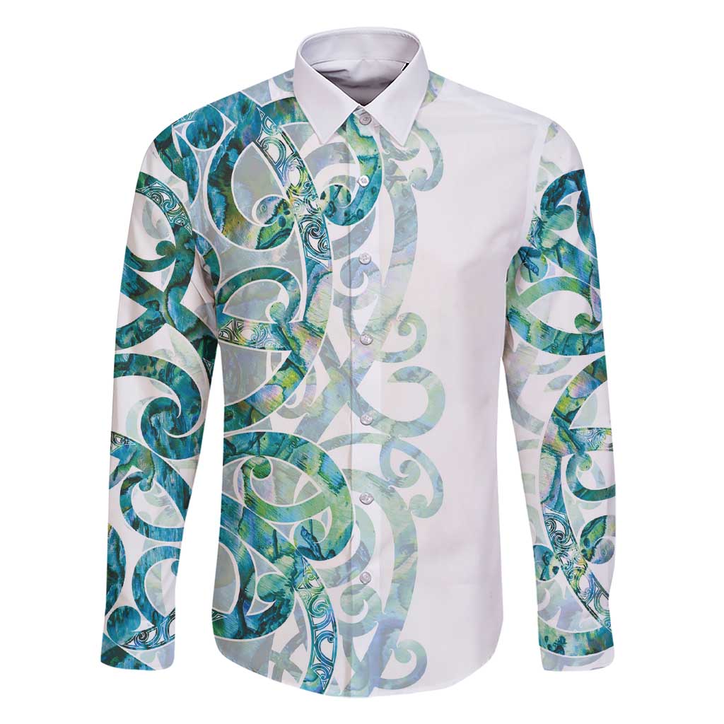 Paua Shell Maori Family Matching Short Sleeve Bodycon Dress and Hawaiian Shirt Koru Kowhaiwhai LT7 Dad's Shirt - Long Sleeve White - Polynesian Pride