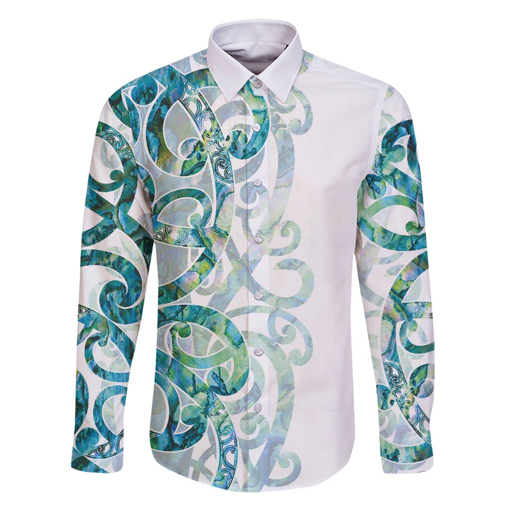 Paua Shell Maori Family Matching Tank Maxi Dress and Hawaiian Shirt Koru Kowhaiwhai LT7 Dad's Shirt - Long Sleeve White - Polynesian Pride