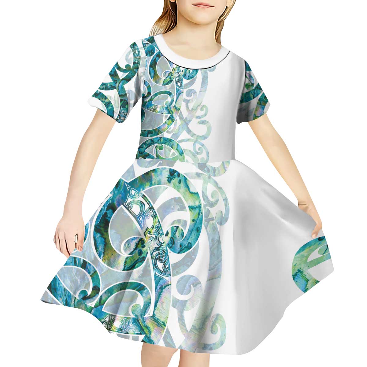 Paua Shell Maori Kid Short Sleeve Dress Koru Kowhaiwhai - Polynesian Pride