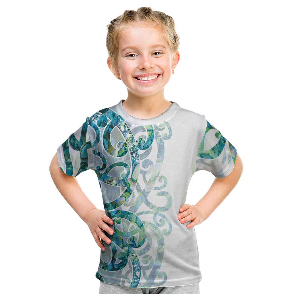 Paua Shell Maori Kid T Shirt Koru Kowhaiwhai LT7 White - Polynesian Pride