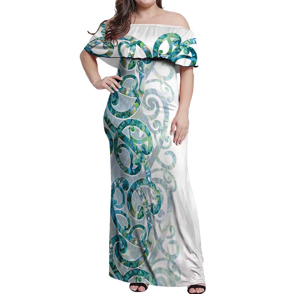 Paua Shell Maori Off Shoulder Maxi Dress Koru Kowhaiwhai LT7 Women White - Polynesian Pride