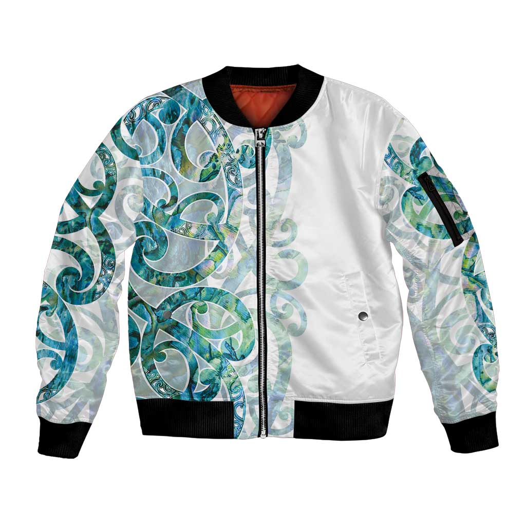 Paua Shell Maori Sleeve Zip Bomber Jacket Koru Kowhaiwhai LT7 Unisex White - Polynesian Pride