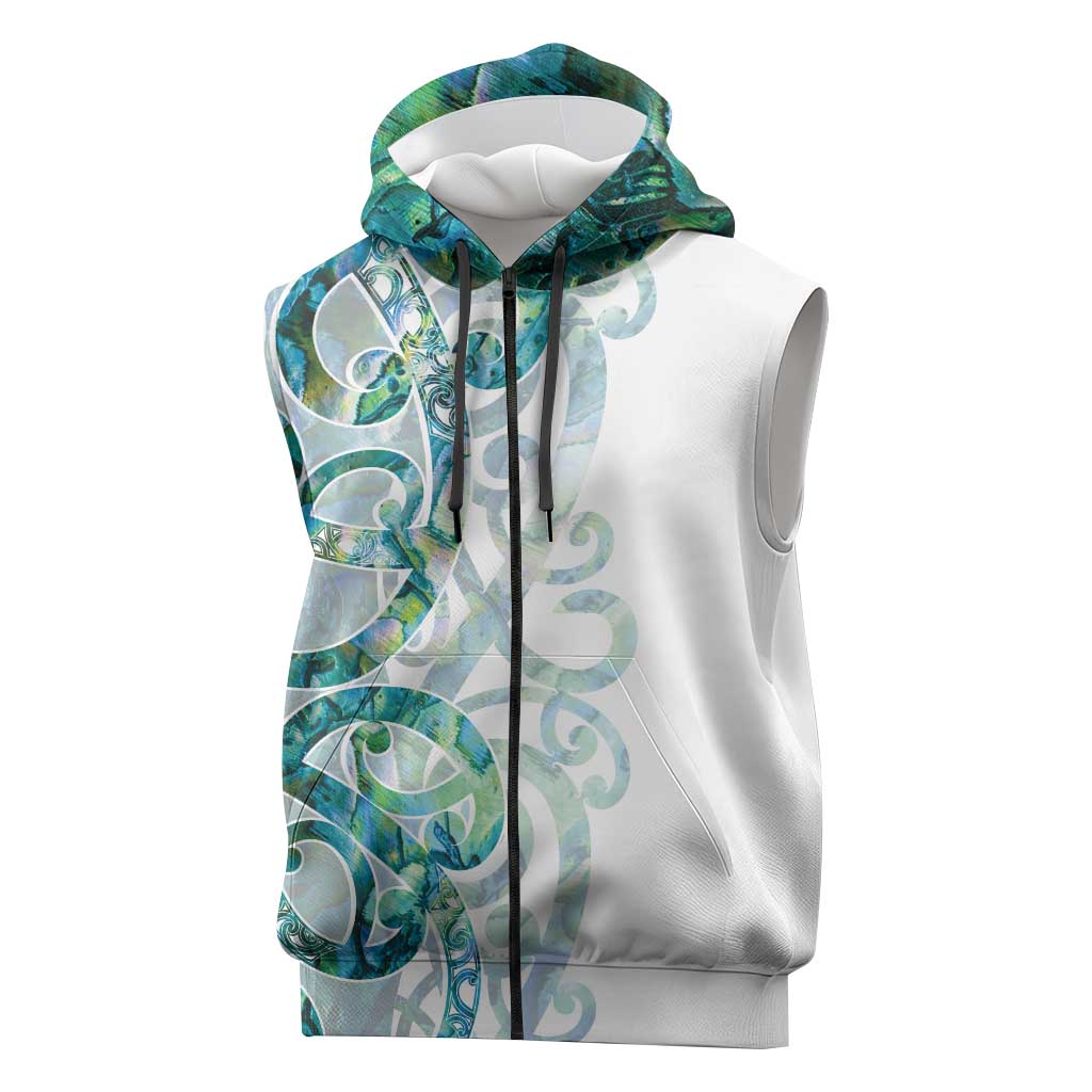 Paua Shell Maori Sleeveless Zip Hoodie Koru Kowhaiwhai LT7 White - Polynesian Pride