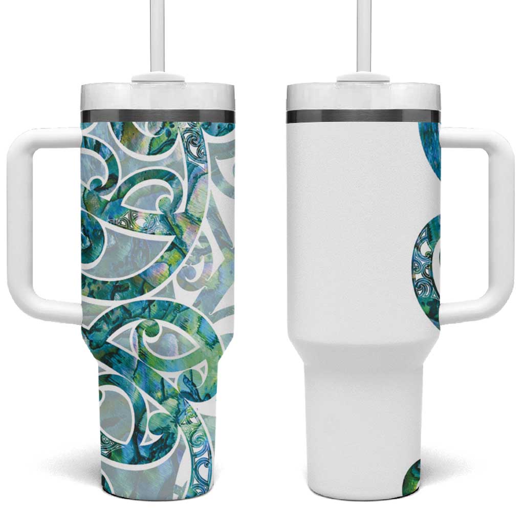 Paua Shell Maori Tumbler With Handle Koru Kowhaiwhai LT7 One Size: 40 oz White - Polynesian Pride
