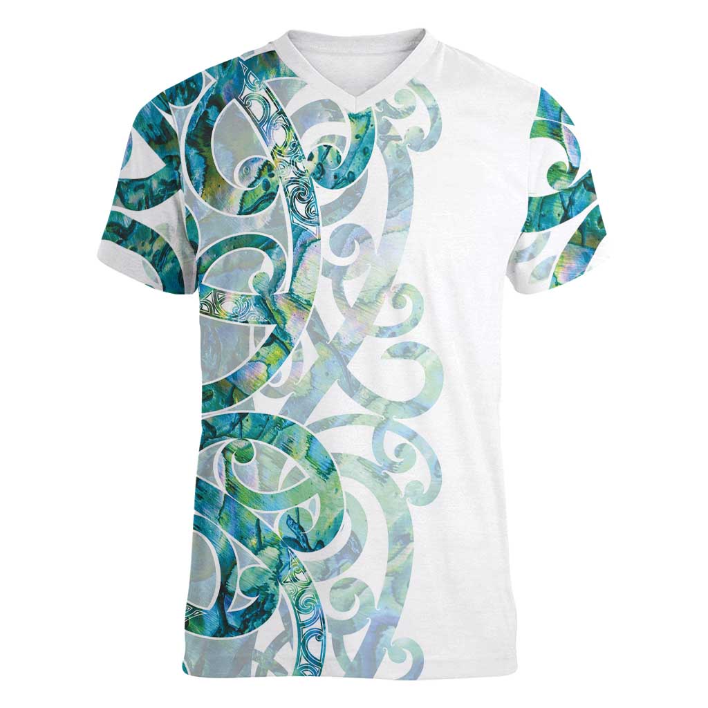 Paua Shell Maori Women V-Neck T-Shirt Koru Kowhaiwhai LT7 Female White - Polynesian Pride