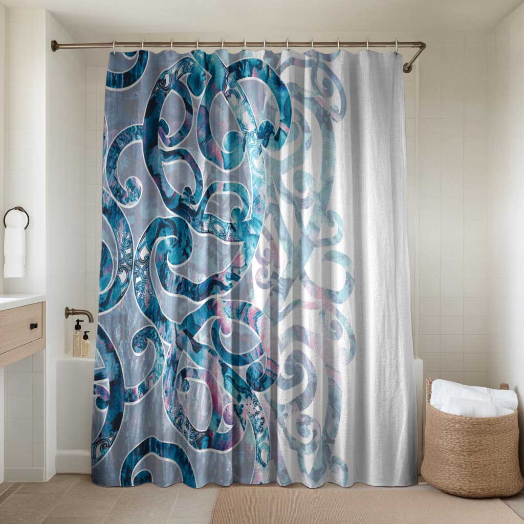 Turquoise Paua Shell Maori Bathroom Set Koru Kowhaiwhai LT7 Shower Curtain Only White - Polynesian Pride