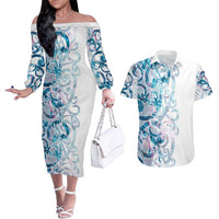 Turquoise Paua Shell Maori Couples Matching Off The Shoulder Long Sleeve Dress and Hawaiian Shirt Koru Kowhaiwhai LT7 White - Polynesian Pride