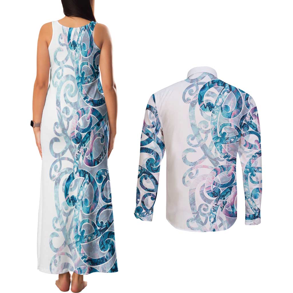 Turquoise Paua Shell Maori Couples Matching Tank Maxi Dress and Long Sleeve Button Shirt Koru Kowhaiwhai LT7 - Polynesian Pride
