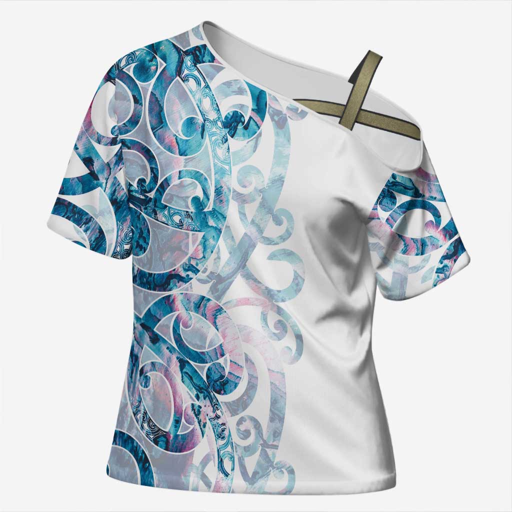 Turquoise Paua Shell Maori Cross Shoulder Shirt Koru Kowhaiwhai LT7 Female White - Polynesian Pride