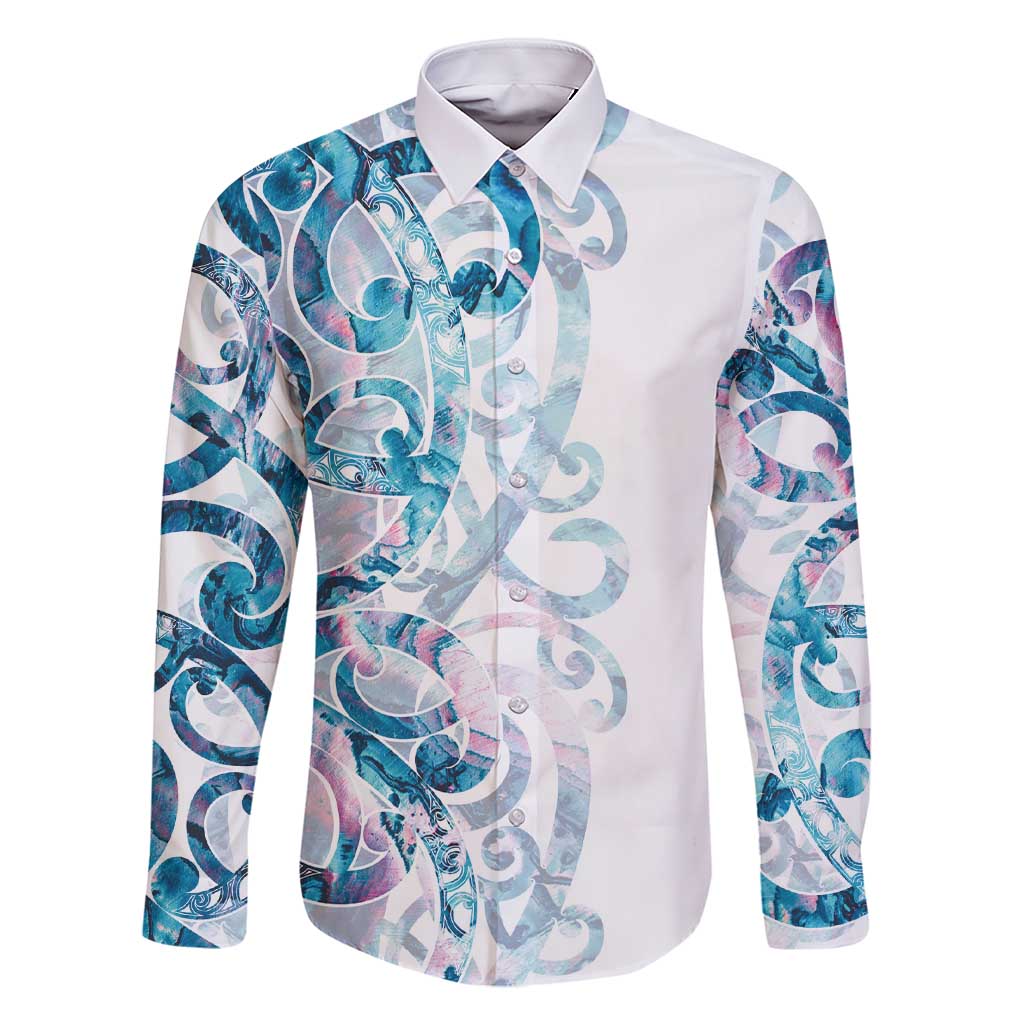 Turquoise Paua Shell Maori Family Matching Short Sleeve Bodycon Dress and Hawaiian Shirt Koru Kowhaiwhai LT7 Dad's Shirt - Long Sleeve White - Polynesian Pride