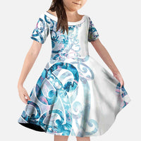 Turquoise Paua Shell Maori Family Matching Tank Maxi Dress and Hawaiian Shirt Koru Kowhaiwhai LT7 Daughter's Dress White - Polynesian Pride