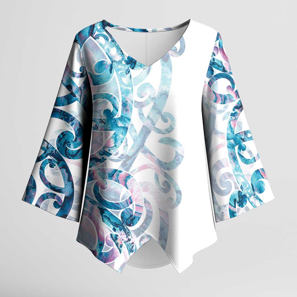 Turquoise Paua Shell Maori Kimono Sleeve Blouse Koru Kowhaiwhai - Polynesian Pride