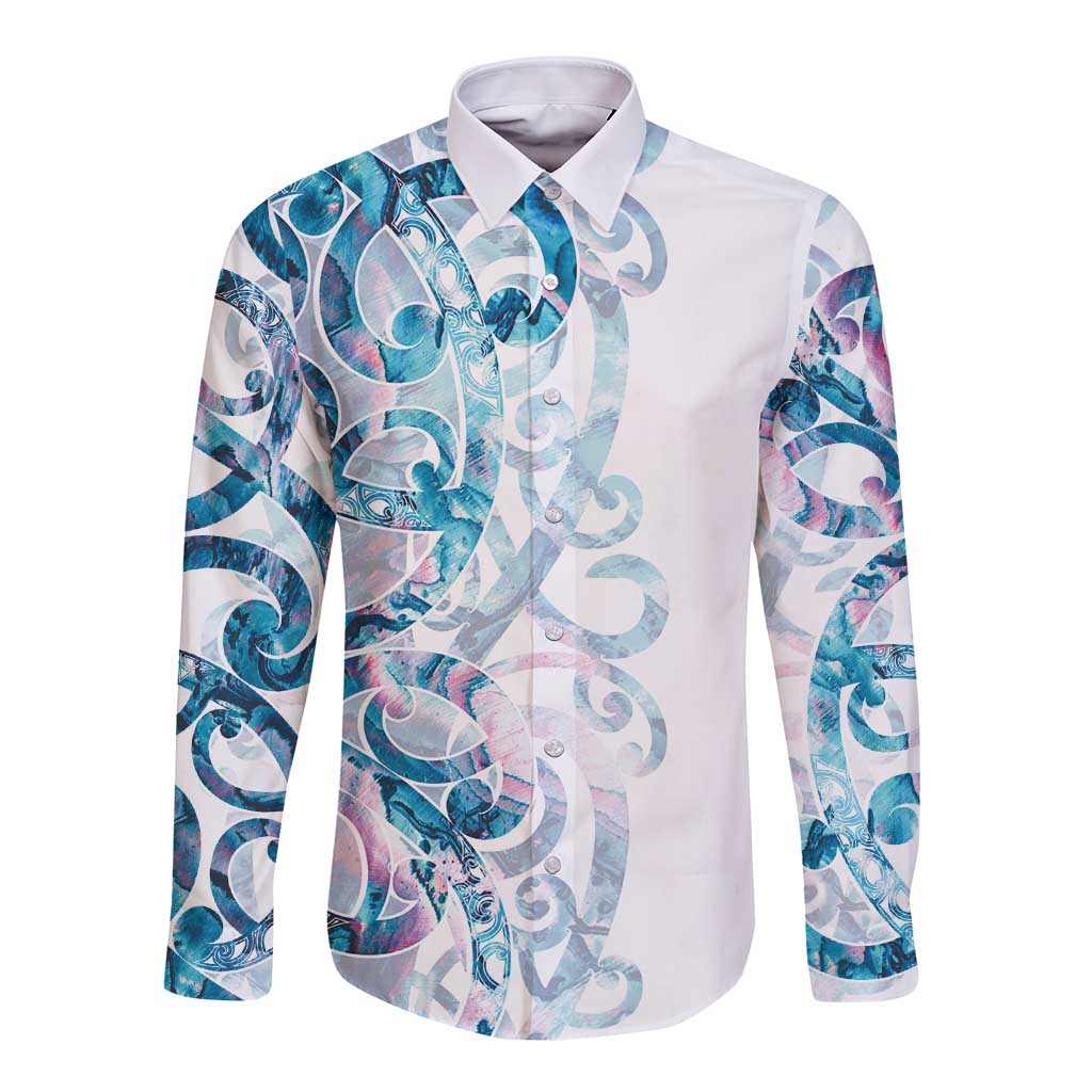 Turquoise Paua Shell Maori Long Sleeve Button Shirt Koru Kowhaiwhai - Polynesian Pride