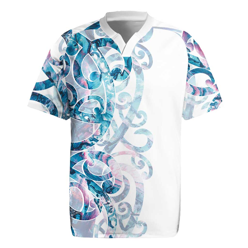 Turquoise Paua Shell Maori Rugby Jersey Koru Kowhaiwhai - Polynesian Pride