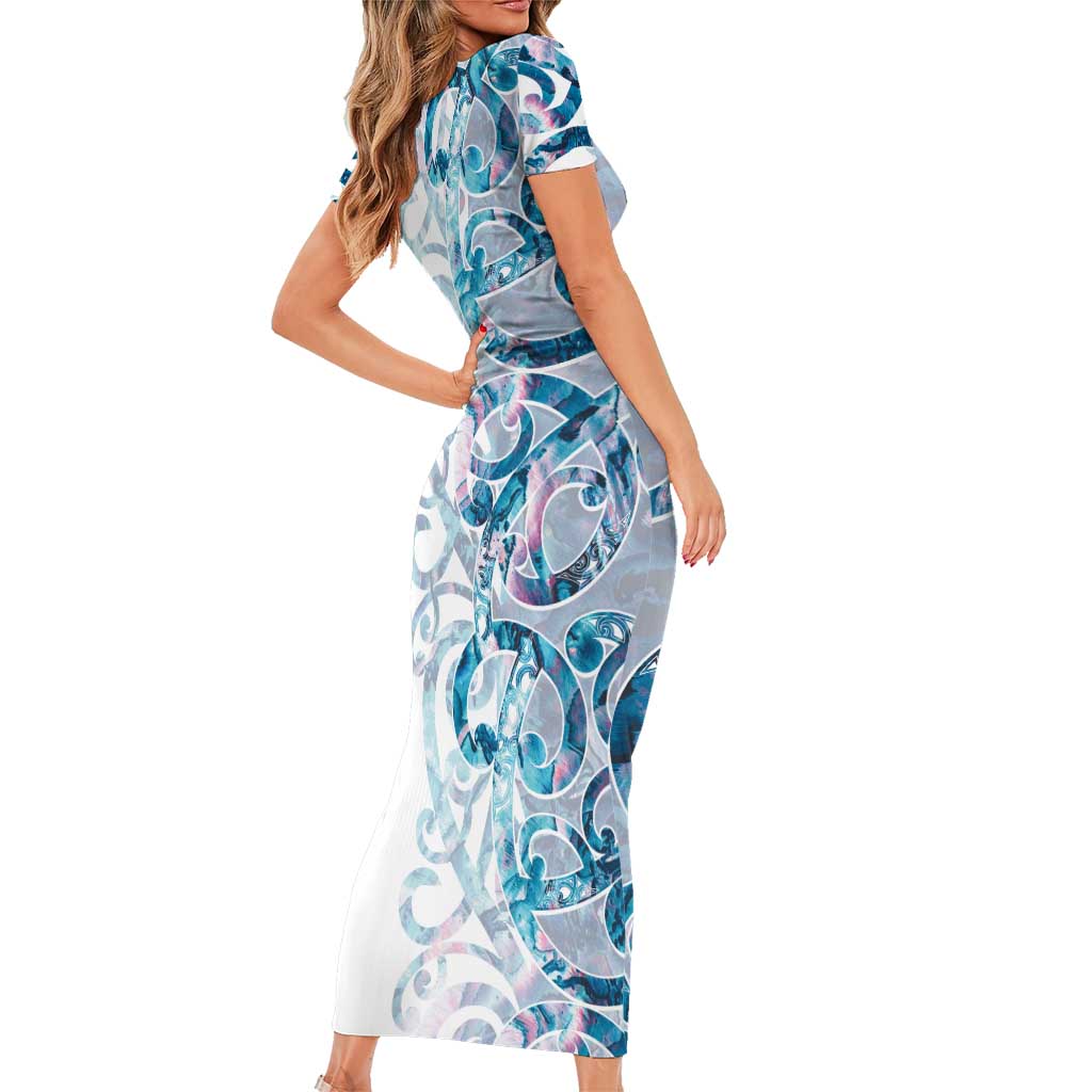 Turquoise Paua Shell Maori Short Sleeve Bodycon Dress Koru Kowhaiwhai - Polynesian Pride