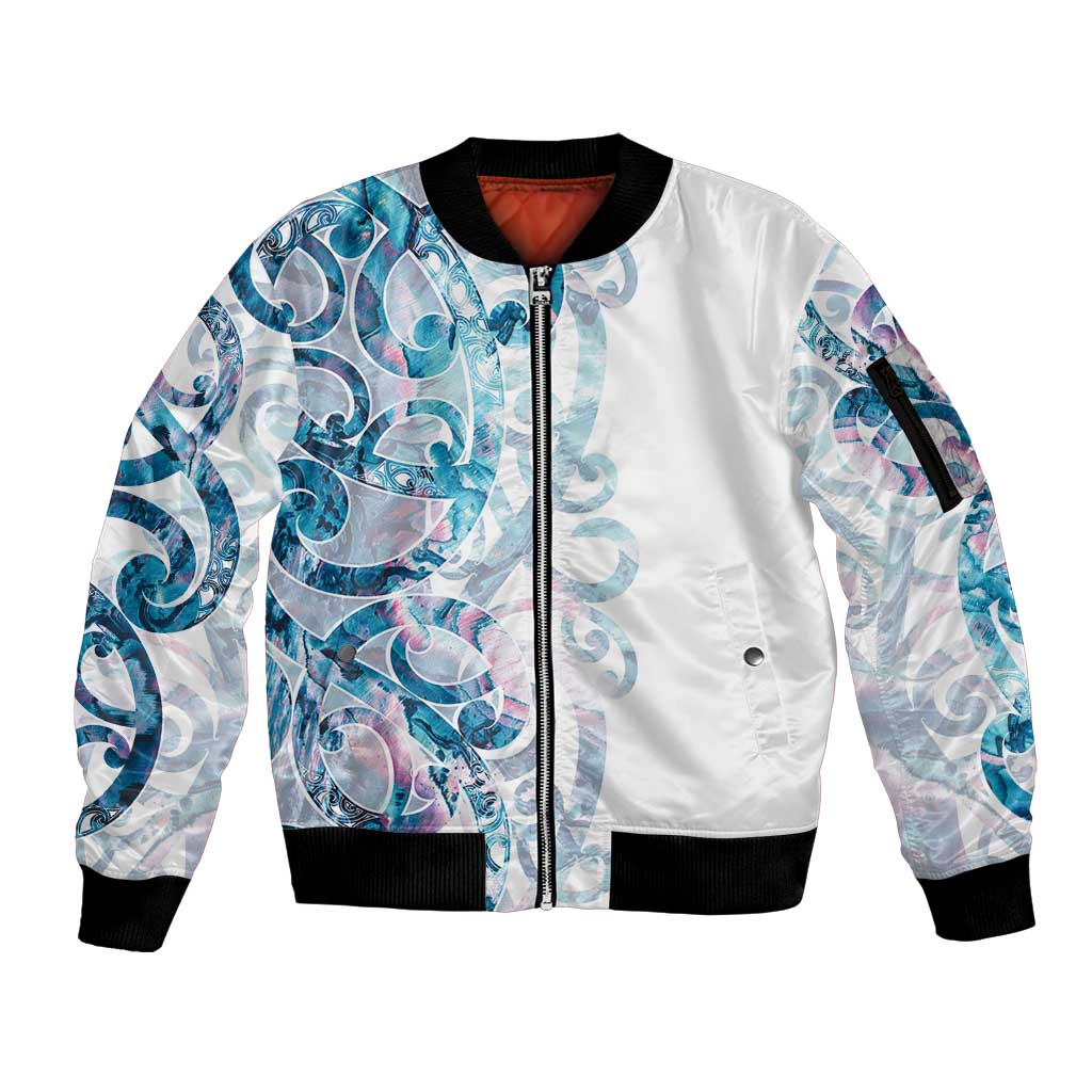 Turquoise Paua Shell Maori Sleeve Zip Bomber Jacket Koru Kowhaiwhai - Polynesian Pride