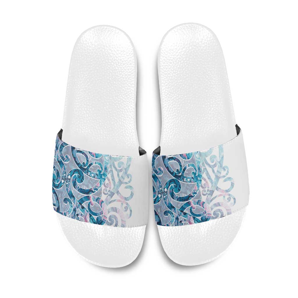 Turquoise Paua Shell Maori Slide Sandals Koru Kowhaiwhai LT7 White - Polynesian Pride