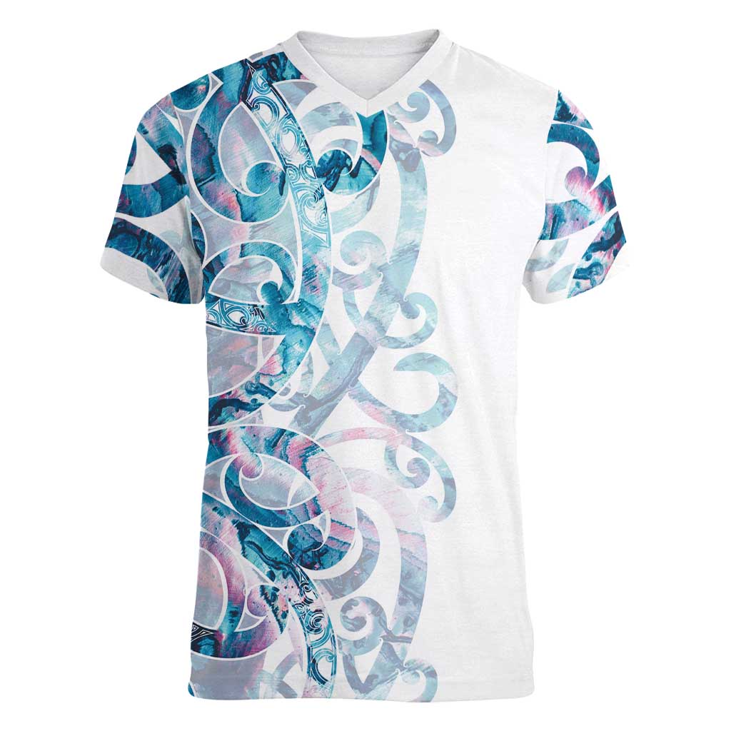 Turquoise Paua Shell Maori Women V-Neck T-Shirt Koru Kowhaiwhai - Polynesian Pride