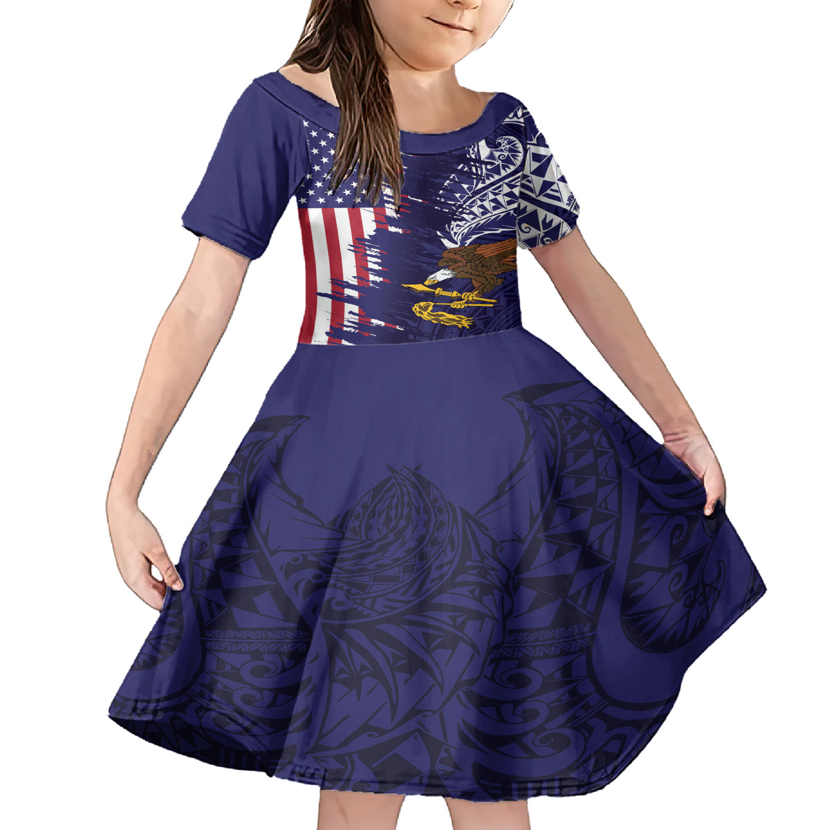 American Samoa Mix US Family Matching Short Sleeve Bodycon Dress and Hawaiian Shirt Flag Day Grunge Style LT7 Daughter's Dress Blue - Polynesian Pride