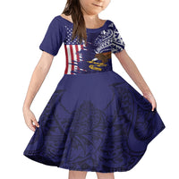 American Samoa Mix US Family Matching Short Sleeve Bodycon Dress and Hawaiian Shirt Flag Day Grunge Style LT7 Daughter's Dress Blue - Polynesian Pride