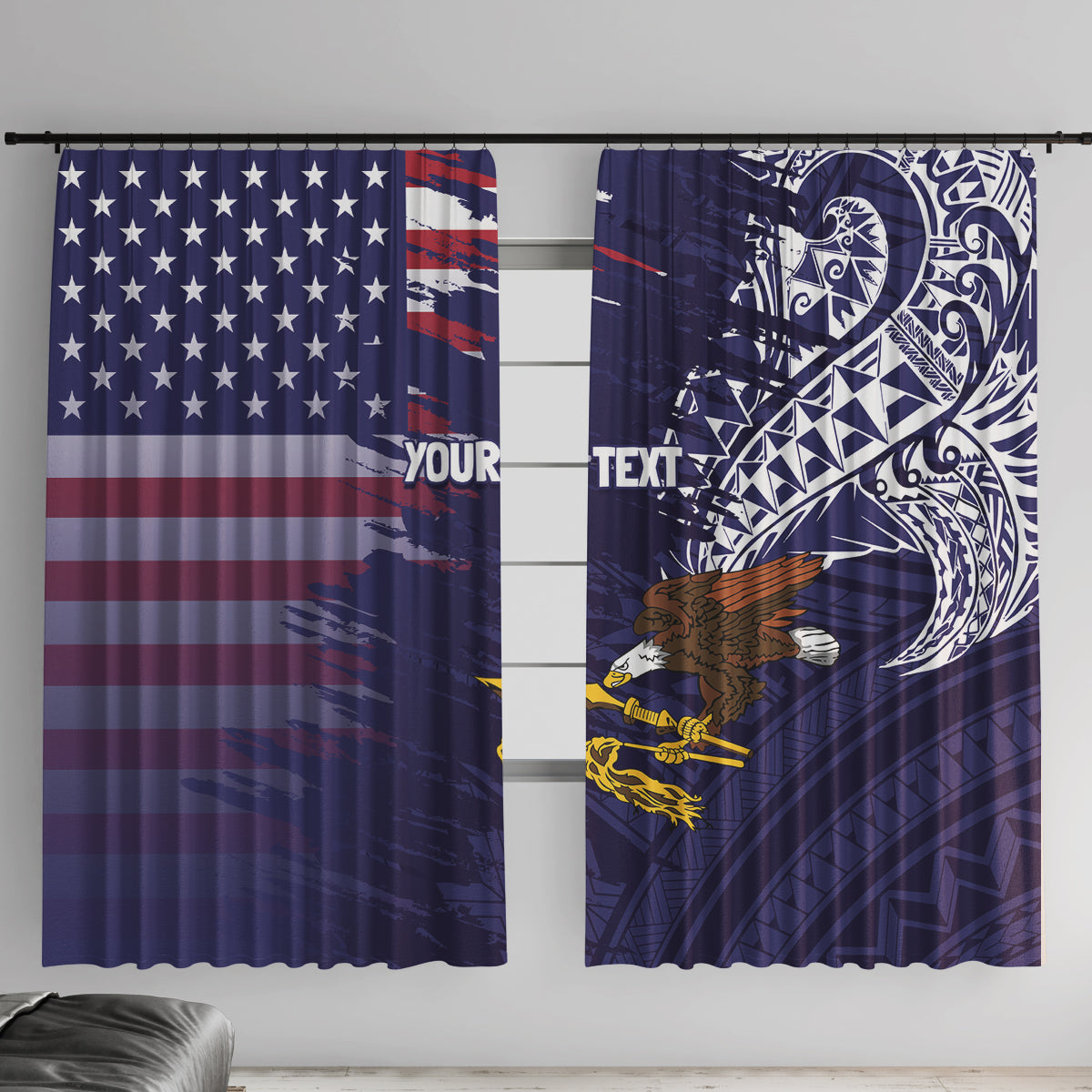 American Samoa Mix US Window Curtain Flag Day Grunge Style LT7 With Hooks Blue - Polynesian Pride