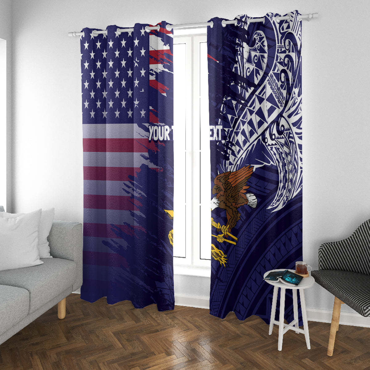 American Samoa Mix US Window Curtain Flag Day Grunge Style LT7 With Grommets Blue - Polynesian Pride