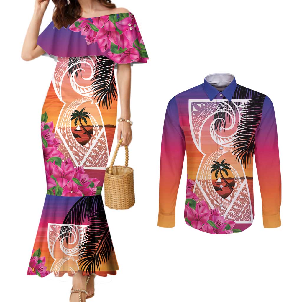 Guam Chamorro Couples Matching Mermaid Dress and Long Sleeve Button Shirt Artsy Latte Stone
