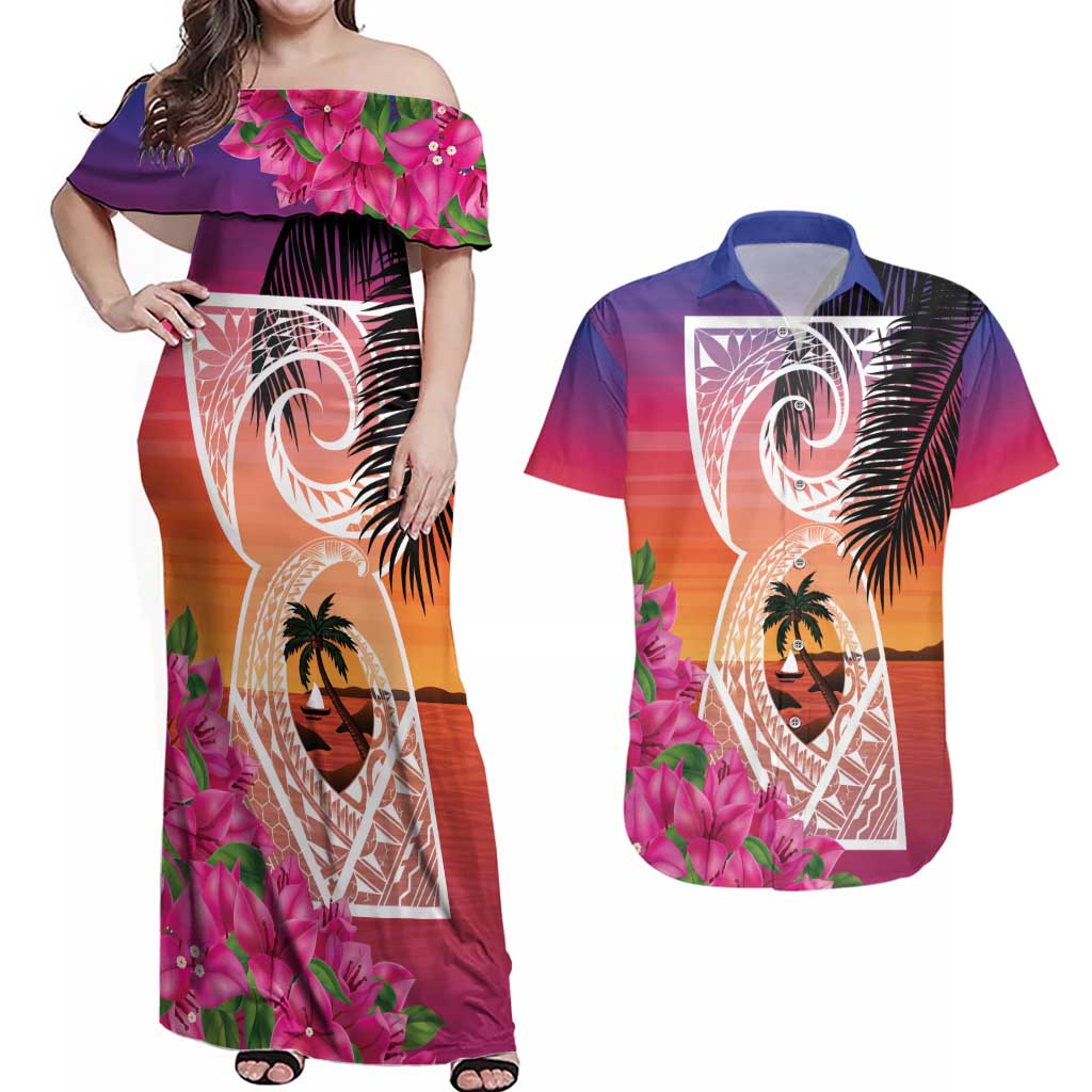 Guam Chamorro Couples Matching Off Shoulder Maxi Dress and Hawaiian Shirt Artsy Latte Stone